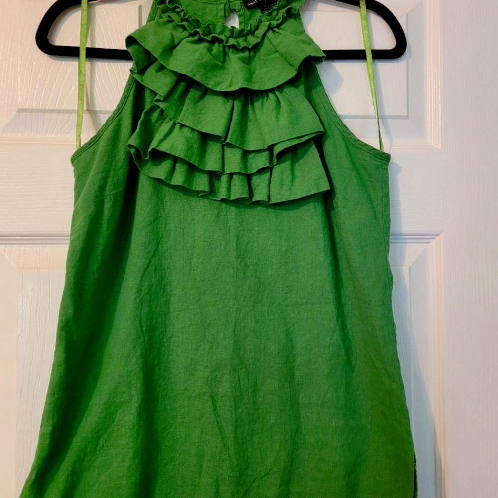 San Tropez West | Linen Ruffle Halter | Green | Sz S | Excellent Condition